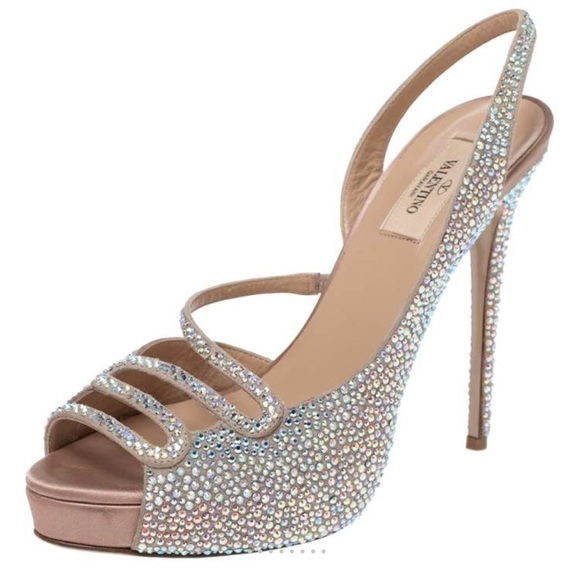 Valentino Shoes - Valentino Beige Crystal Embellished Leather Platform Slingback Sandals Size 40